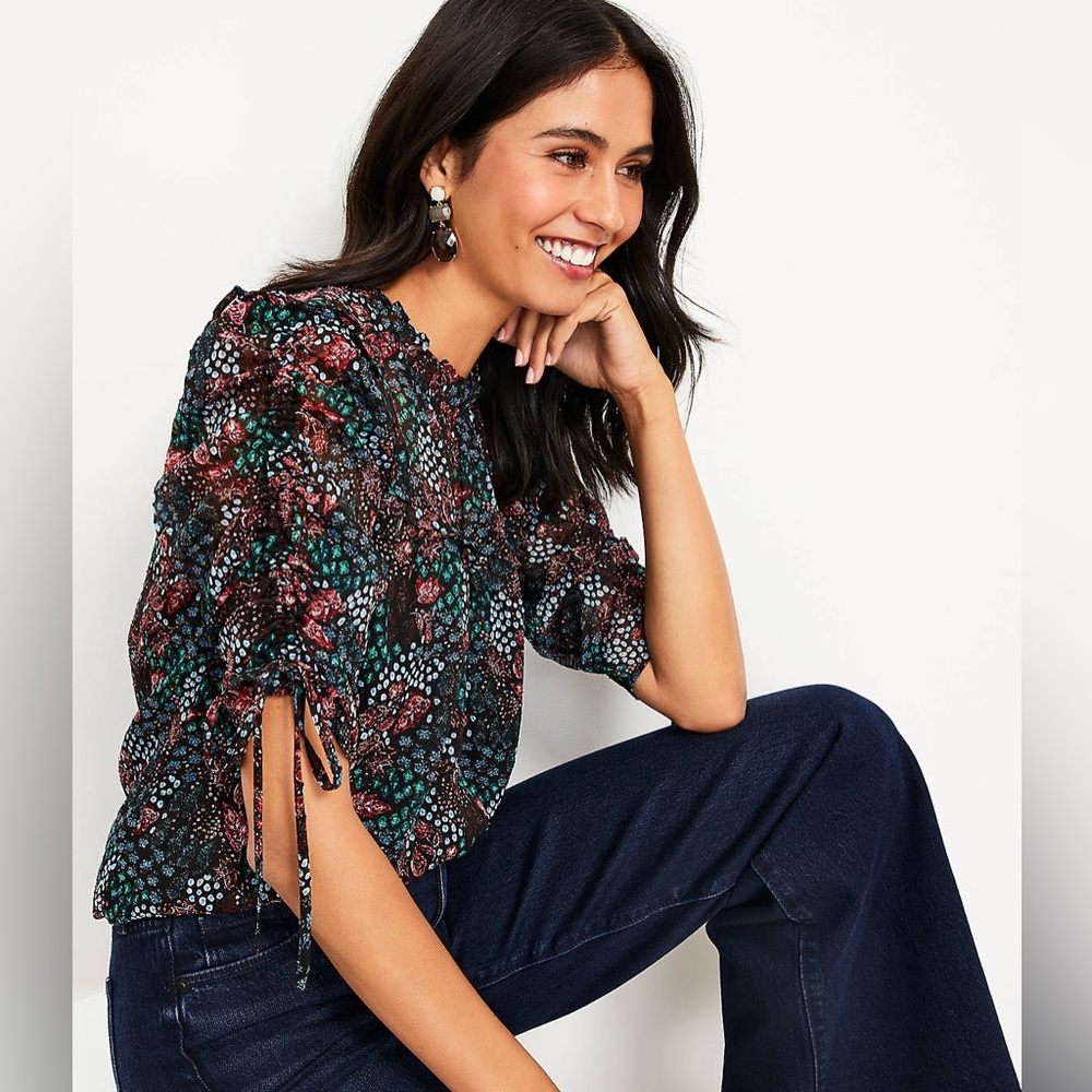 Loft Garden Ruffle Tie Sleeve Top, size medium, floral